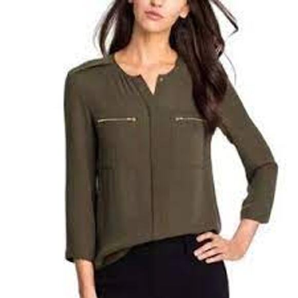 Theory Womens Small S Olive Green Brundia Silk Button Front Blouse Zip Chest Top - Picture 9 of 9